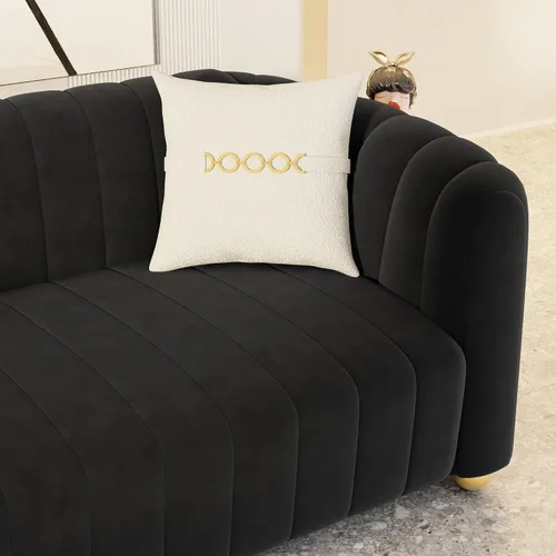 Miniatura 9 de Moderno juego de sofá de terciopelo negro de 3 piezas para sala de estar, juego de sofá curvado acolchado con patas de esfera de metal dorado