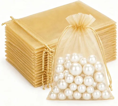 G2PLUS Bolsas de organza de 4 x 6 pulgadas, 100 bolsas de regalo de organza dorada con cordón, bolsas de joyería de malla transparente, bolsa de Oro
