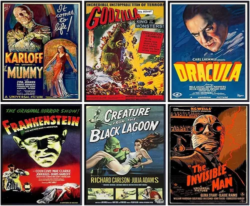 Godzilla, Drácula, El hombre invisible, la momia, Frankenstein arte de pared y decoración – Pósteres vintage de película de monstruo de terror – Set