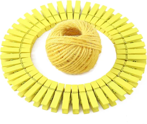 Miniatura 7 de HSTECH 100 piezas de mini pinzas de madera natural verde y 25 m de cuerda de yute, pinzas para ropa de bebé, pinzas de 3.5 cm para manualidades