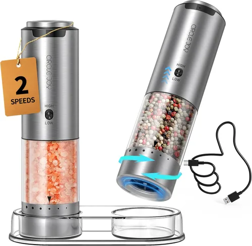 Miniatura 10 de CIRCLE JOY Juego de molinillo de sal y pimienta eléctrico recargable con base, molinillos de pimienta de acero inoxidable con contenedor de 95ml