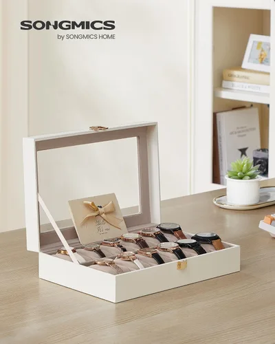 Miniatura 2 de SONGMICS Caja de reloj, caja de reloj de 12 ranuras con tapa de vidrio grande, almohadas extraíbles para reloj, organizador de caja de reloj, regalo