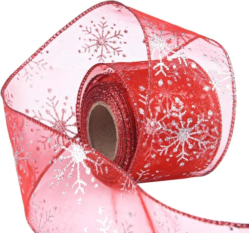 Miniatura 8 de Cinta con alambre de 2.5 pulgadas de Navidad con copo de nieve, cinta de organza con purpurina para árbol de Navidad, corona, decoración de fiesta