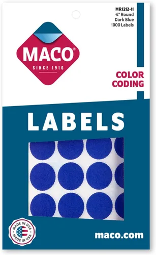 MACO Etiquetas redondas de codificación de color azul oscuro, 3/4 pulgadas de diámetro, 1000 por caja (MR1212-11)