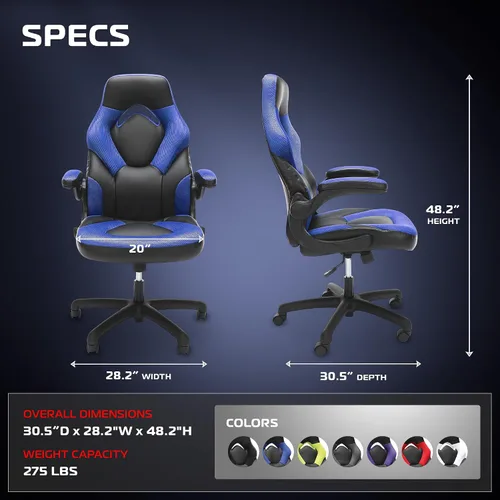 Miniatura 2 de RESPAWN 3085 Silla de juegos ergonómica para adultos, silla de oficina de respaldo alto con reposacabezas y brazos abatibles, asiento de cuero Azul