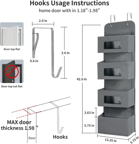 Miniatura 2 de MAX Houser Organizador para colgar sobre la puerta con 4 estantes y 2 ganchos de metal, organizador de almacenamiento de pared con 4 bolsillos sobre