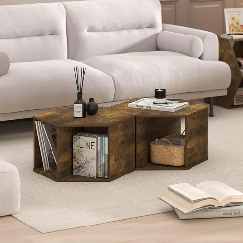 Miniatura 6 de Furinno - Mesa de café de diseño simple, mesa de café moderna hexagonal con estante abierto, mesa auxiliar vertical u horizontal, para sala de Pino