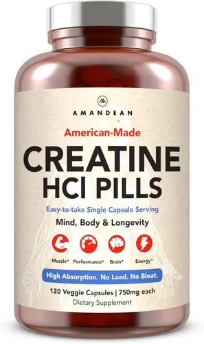 AMANDEAN Píldoras de creatina HCl. CON-CRET fabricado en Estados Unidos. 120 cápsulas. 7X concentrado frente a polvo monohidrato. Sin hinchazón.