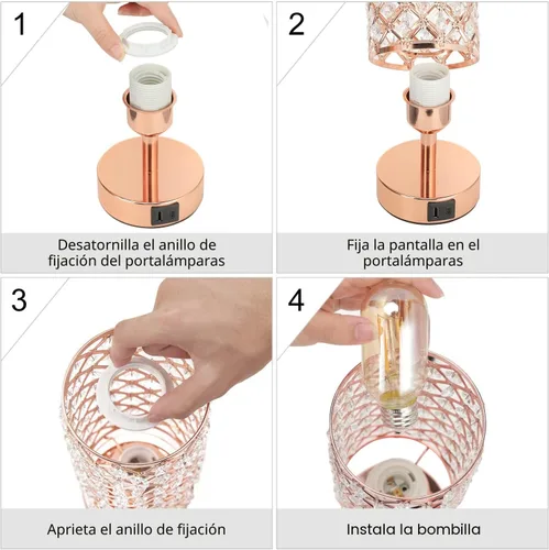 Miniatura 9 de Lámpara de mesa de cristal Hong-in - Control táctil regulable en 3 vías, lámpara de cabecera de oro rosa con puertos USB C y A, luz de mesita