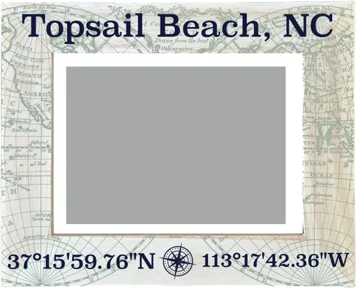 Topsail Beach - Marco de fotos de madera con diseño de brújula de Carolina del Norte, con diseño de coordenadas de 4 x 6 pulgadas