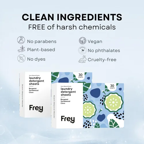 Miniatura 5 de FREY Hojas de detergente para ropa derivadas de plantas, 60 unidades (paquete de 2) - Tiras de detergente ecológicas sin líquido, láminas ecológicas