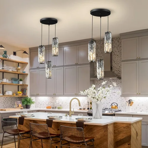 Miniatura 4 de LMQNINE Lámpara colgante de 3 luces negras modernas, mini candelabros de cristal, lámpara colgante ajustable para cocina, isla, comedor, dormitorio