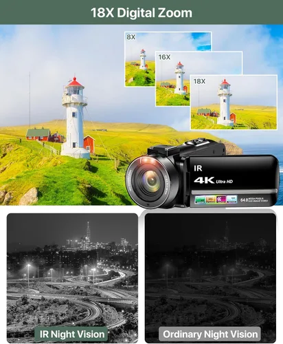 Miniatura 10 de Videocámara 4K 64MP para vlogging, cámara para YouTube, pantalla táctil de 3.0", zoom digital de 18 aumentos, visión nocturna IR con micrófono