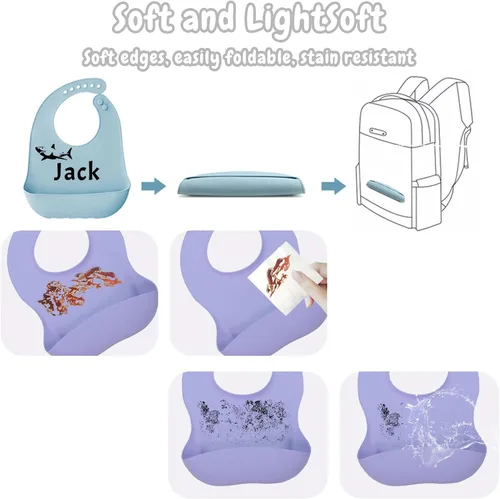 Miniatura 5 de FCQIANKM Juego de baberos de silicona personalizados para bebés, cuchara y tenedor con icono de nombre, baberos personalizados para niños pequeños