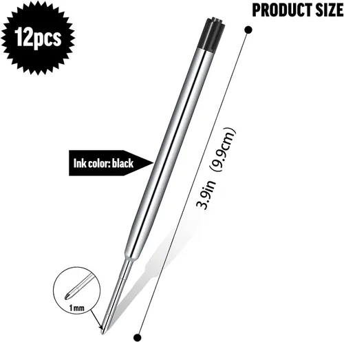 Miniatura 2 de 12 piezas de recambios para bolígrafo de 1,0 mm de punta media, tinta negra, recambios de bolígrafo de bola de metal, recambios de escritura suave
