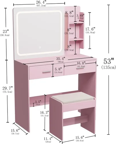 Miniatura 6 de Tocador de maquillaje con espejo iluminado y toma de corriente – 2 estantes, 2 cajones, almacenamiento inferior – Viene con taburete tapizado (rosa)