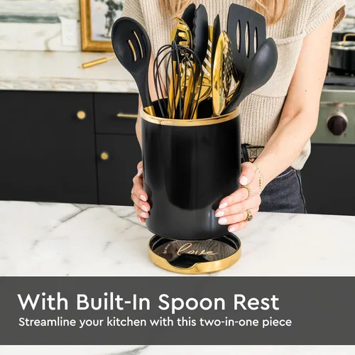 Miniatura 7 de STYLED SETTINGS Soporte para utensilios de cocina negro y dorado con soporte de cuchara integrado, 2 soportes grandes de cerámica para utensilios