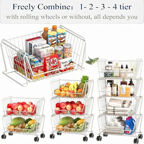 Miniatura 8 de PUSDON Cestas de almacenamiento de alambre apilables grandes de 4 niveles con ruedas, organizador de carrito utilitario con ruedas y ruedas