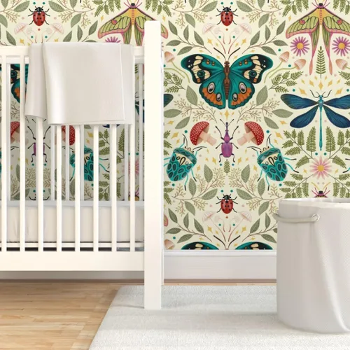Miniatura 6 de Muestra de papel tapiz extraíble – insecto damasco insecto botánico grande Jumbo polilla mariposa bosque hongo beige verde azul papel pintado