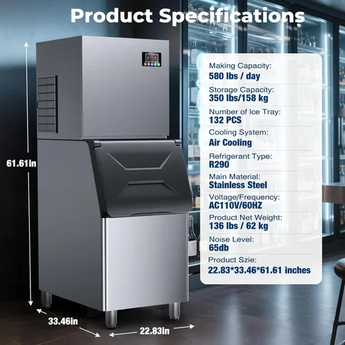 Miniatura 7 de Máquina comercial para hacer hielo, 580 LBS/día, aprobación ETL, autolimpieza con filtro, contenedor de almacenamiento de 400 libras, máquina