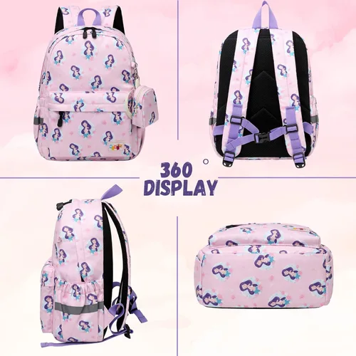 Miniatura 6 de MIRLEWAIY Mochila para niños pequeños con bolsa para monedas, Sirena rosa, Mochilas para mochila