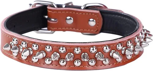 Miniatura 14 de Serijoars Collares ajustables de cuero genuino con tachuelas para mascotas pequeñas, medianas y grandes, Pit Bull, Bulldog, Pugs, Husky (M, morado)