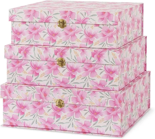Miniatura 9 de Soul & Lane Cajas de Almacenamiento Decorativas de Cartón Floral Azul y Blanco con Herrajes Dorados - Juego de 3, Jardín Aviario - Cajas Apilables