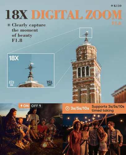 Miniatura 4 de Cámaras digitales True 5K de 64 megapíxeles para fotografía - Enfoque automático, zoom 18X, con pantalla giratoria de 3'' 180°, tarjeta TF de 64 GB