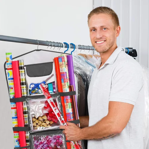 Miniatura 6 de ProPik Organizador Colgante de Papel de Regalo de Doble Cara, Almacenamiento de Papel de Regalo con Múltiples Bolsillos Delanteros y Traseros