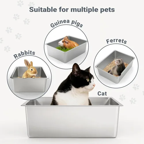 Miniatura 6 de Kirecoo - Caja de arena para gatos de acero inoxidable, bandeja de arena para gatos pequeña de metal con lados altos, bandeja de arena