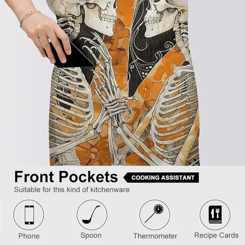 Miniatura 5 de MUSM Apron for Adults - 27.6 X 31.5 Inch, Heavy-Duty Polyester Aprons with Two Large Pockets, Waterproof Two Dancing Skeletons Kitchen Apron for