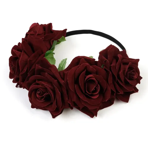 WOVOWOVO Diademas florales de corona de rosas oscuras para mujer, diadema de rosas falsas rojas para festivales, Halloween, cosplay, disfraces,
