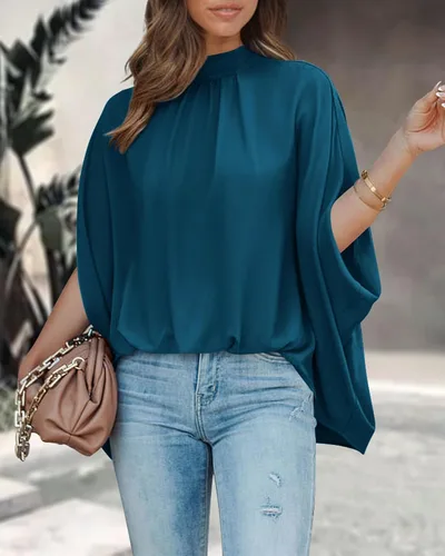 Miniatura 27 de BTFBM Blusas de verano para mujer, cuello alto falso, manga murciélago, holgadas, dobladillo alto y bajo, blusas informales de gran