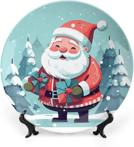Platos decorativos de Navidad, lindo plato de cerámica de Papá Noel en la nieve, plato tambaleante para el hogar con soporte de exhibición,