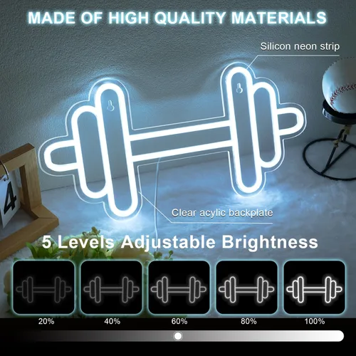 Miniatura 4 de Letrero de neón de gimnasio Lucunstar en forma de barra y mancuerna Luces de neón blancas pegatinas de pared para gimnasio para decoración de club