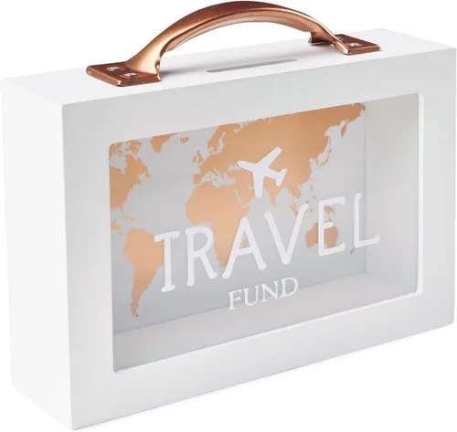 Caja de dinero de sombra para ahorro de viaje - Banco de monedas para adultos - Tarro de vacaciones - Caja de ahorro blanca con asa - Fondo de luna