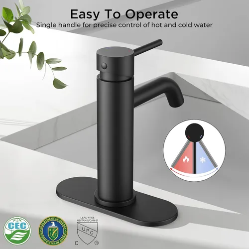 Miniatura 5 de FORIOUS - Grifos de baño negro mate de 1 agujero, grifo de lavabo de acero inoxidable con desagüe emergente de metal y manguera de suministro