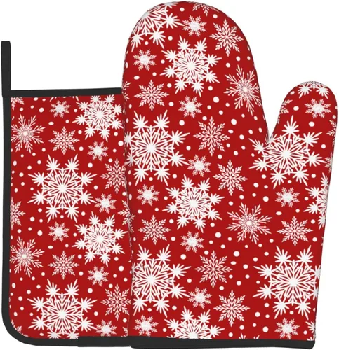 Juego de 2 guantes de horno rojos de copos de nieve de Navidad y agarradera, adecuados para barbacoas, hornear, cocinar, microondas