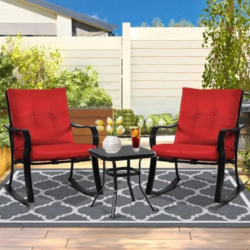 Miniatura 4 de Juego de 3 sillas mecedoras para exteriores, juego de muebles de patio, mesa de centro con tapa de vidrio y sillas de hierro negro con cojines Rojo
