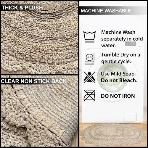 Miniatura 5 de Chardin home Alfombra de baño de ganchillo beige, alfombra de baño ovalada 100% algodón con borde de ganchillo artesanal hecho a mano, alfombra