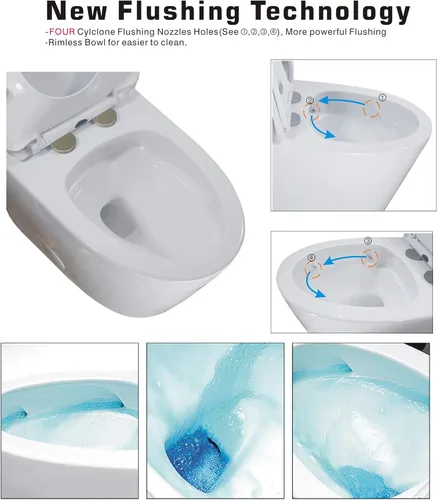 Miniatura 4 de WinZo WZ5081 - Inodoro alargado de una pieza de perfil bajo, descarga lateral de alta eficiencia 1.28 GPF con asiento de cierre suave, color blanco
