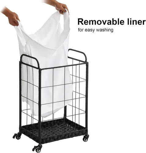 Miniatura 4 de Cesta de lavandería resistente con ruedas enrollables con cerradura, cesta de lavandería duradera y plegable con bolsa extraíble y asa de metal