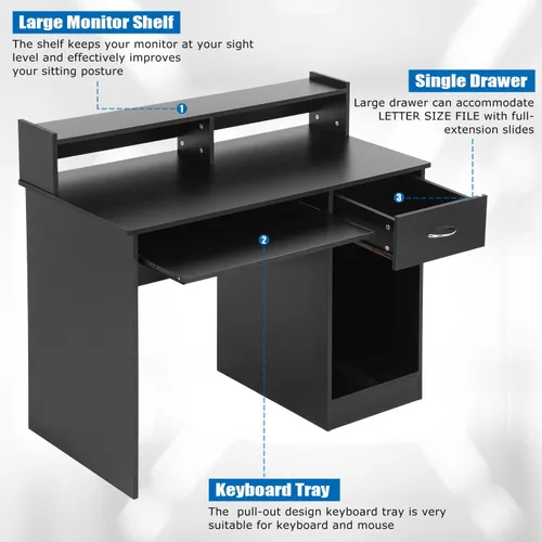 Miniatura 7 de PayLessHere Escritorio de oficina, escritorio para computadora con cajones, bandeja para teclado, escritorio de estudio de 43 pulgadas para el hogar
