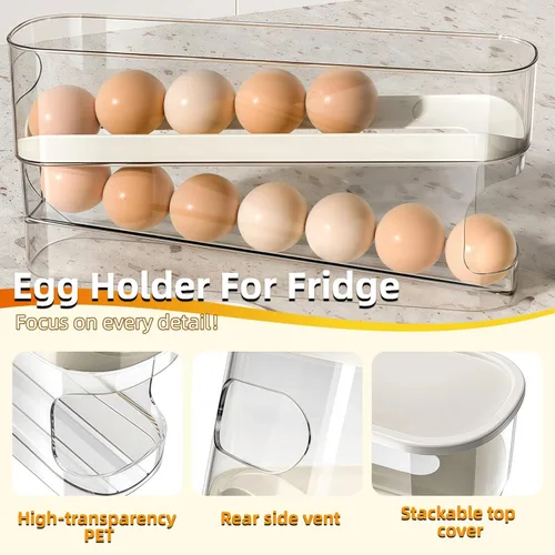 Miniatura 3 de Soporte para huevos para refrigerador, organizador automático de huevos rodante para refrigerador, dispensador de huevos apilable de 2 capas