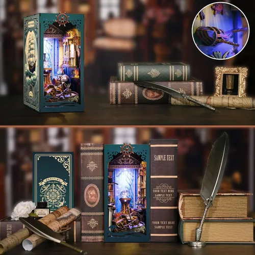 Miniatura 6 de Kit de rincón de libros, kit de bricolaje en miniatura de casa de muñecas con luz nocturna LED y cubierta antipolvo para adultos, adolescentes