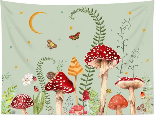 Miniatura 5 de LB Tapiz de hongos para colgar en la pared, luna y estrella en beige, tapiz de pared para dormitorio, estética de planta verde, arte de pared