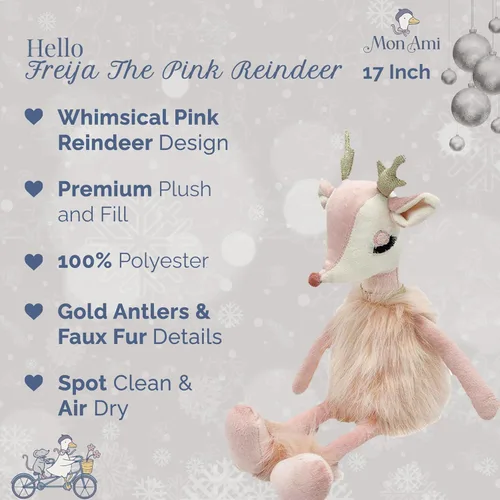 Miniatura 2 de MON AMI Freija The Pink Reindeer Plush – Juguete de reno rosa suave de 17 pulgadas con piel sintética y cuernos dorados Peluche navideño