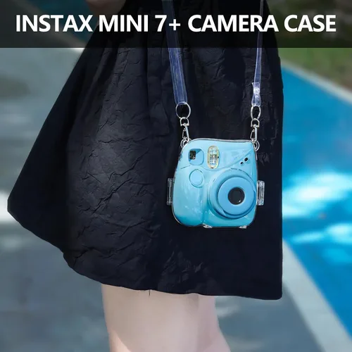 Miniatura 3 de CAIYOULE Funda transparente para cámara Fujifilm Instax Mini 7+ con bolsillo trasero de almacenamiento de fotos, espejo selfie, calcomanías y correa