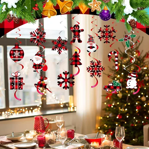 Miniatura 6 de Epakh 34 piezas de remolinos colgantes de Navidad, espirales colgantes de Navidad, remolinos de búfalo a cuadros, pancarta de Navidad para colgar