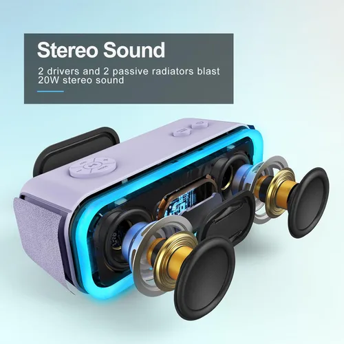 Miniatura 2 de DOSS SoundBox Pro Altavoz Bluetooth, sonido estéreo de 20 W, graves extra activos, tiempo de reproducción de 20 horas, luces multicolores, Púrpura